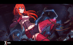 Rule 34 | 1girl, absurdres, bird/binary, blue eyes, breasts, clenched teeth, cyborg, electricity, fregata, gloves, glowing, glowing eyes, hair between eyes, highres, holding, holding knife, knife, las91214, letterboxed, long hair, looking at viewer, mechanical legs, medium breasts, navel, orange hair, red gloves, science fiction, shrug (clothing), solo, teeth