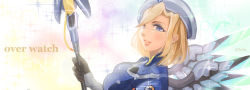 Rule 34 | 1girl, alternate hairstyle, aoi futaba (aoi2taba), beret, blonde hair, blue bodysuit, blue eyes, bodysuit, breasts, combat medic ziegler, copyright name, eyeshadow, gloves, hat, highres, holding, holding weapon, lips, long sleeves, looking at viewer, makeup, mechanical wings, mercy (overwatch), official alternate costume, open mouth, overwatch, overwatch 1, short hair, smile, solo, twitter username, upper body, weapon, white hat, wings