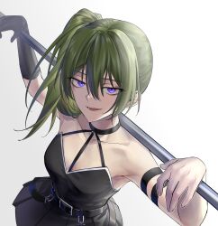 Rule 34 | 1girl, arm strap, armlet, bare shoulders, belt, black belt, black choker, black dress, black gloves, breasts, choker, commentary, dress, english commentary, gloves, gradient background, green hair, hair between eyes, highres, holding, holding staff, long hair, looking at viewer, medium breasts, o-ring, o-ring choker, pleated dress, purple eyes, side ponytail, simple background, single glove, small breasts, smile, solo, sousou no frieren, staff, suprii, ubel (sousou no frieren)