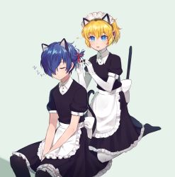 Rule 34 | 1boy, 1girl, aegis (persona), alternate costume, android, animal ears, apron, blonde hair, blue eyes, blue hair, byoru, cat ears, cat tail, closed eyes, closed mouth, collared shirt, enmaided, fake animal ears, fake tail, frilled hairband, frills, grey background, hair between eyes, hair over one eye, hair ribbon, hairband, highres, maid, maid apron, maid headdress, parted lips, persona, persona 3, ribbon, shirt, short hair, short sleeves, sidelocks, sitting, skirt, sleeping, sleeping upright, tail, thighhighs, translation request, waist apron, yuuki makoto (persona 3)