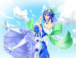 Rule 34 | 1990s (style), 1girl, :d, blue dress, blue hair, bow, creatures (company), dress, earrings, game freak, gem, gen 2 pokemon, hair bow, high heels, jewelry, jumpluff, necklace, nintendo, noppoago, open mouth, pantyhose, personification, pokemon, pokemon gsc, ponytail, red eyes, retro artstyle, smile, solo, tiara, white pantyhose
