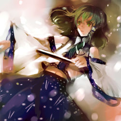 Rule 34 | 1girl, detached sleeves, dutch angle, female focus, green eyes, green hair, hair ornament, kochiya sanae, looking to the side, matching hair/eyes, midriff, navel, nokishita, nontraditional miko, snake hair ornament, snow, solo, touhou, wide sleeves