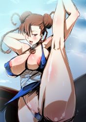 Rule 34 | 1girl, alternate costume, areola slip, ass, blush, breasts, brown hair, capcom, china dress, chinese clothes, chun-li, cleavage, clitoris, clitoris slip, covered erect nipples, curvy, double bun, dress, erect clitoris, female focus, hair bun, huge breasts, leg up, legs up, nipples, pussy, pussy peek, rickert kai, shiny skin, spread legs, steam, street fighter, sweat, thong, tongue, tongue out, uncensored