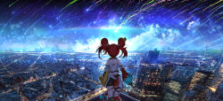 Rule 34 | 1girl, advarcher, animal ears, asymmetrical sleeves, blue sky, bow, building, city lights, cloud, collar, comet, commentary request, cowboy shot, from behind, hakos baelz, hakos baelz (1st costume), highres, hololive, hololive english, kneepits, long hair, mismatched sleeves, mouse ears, mouse girl, mouse tail, multicolored clothes, multicolored hair, multicolored skirt, night, night sky, outdoors, red hair, scenery, shirt, skirt, sky, skyscraper, solo, spiked collar, spikes, standing, star (sky), starry sky, strapless, strapless shirt, tail, tail bow, tail ornament, thigh strap, thighs, twintails, virtual youtuber