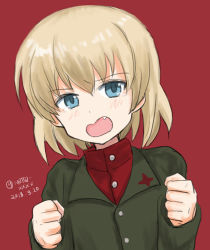 Rule 34 | 10s, 1girl, blonde hair, blue eyes, clenched hands, commentary, dated, emblem, fang, frown, girls und panzer, green jacket, jacket, katyusha (girls und panzer), long sleeves, looking at viewer, mutsu (layergreen), one-hour drawing challenge, open mouth, pravda school uniform, red background, red shirt, school uniform, shirt, short hair, simple background, standing, tearing up, turtleneck, twitter username, upper body