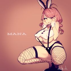 Rule 34 | 1girl, animal ears, bare shoulders, breasts, covered erect nipples, fishnet thighhighs, fishnets, gbmah, hands on own cheeks, hands on own face, huge breasts, long hair, looking at viewer, misonoo mana, pink hair, purple eyes, rabbit ears, smile, solo, squatting, suspenders, thighhighs, tokyo 7th sisters, underboob, wrist cuffs