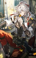 Rule 34 | 1boy, absurdres, armor, artist name, black footwear, boots, branch, bridal gauntlets, closed mouth, commentary request, crossed bangs, day, ginkgo leaf, gold trim, grey hair, hair ornament, hair over one eye, hair ribbon, hand up, high ponytail, highres, holding, holding leaf, honkai: star rail, honkai (series), indoors, jing yuan, knee up, lattice, leaf, long hair, long sleeves, looking at viewer, male focus, mole, mole under eye, one eye covered, pants, parted bangs, plus q, ponytail, red pants, red ribbon, ribbon, round window, shirt, shoulder armor, sidelocks, sitting, smile, solo, sunlight, tassel, twitter username, vambraces, white shirt, window, yellow eyes