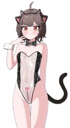Rule 34 | 1girl, absurdres, ahoge, animal ears, bare arms, bare legs, bare shoulders, billbung, black bow, black bowtie, blush, bow, bowtie, breasts, brown hair, cat ears, cat tail, closed mouth, commentary request, commission, covered navel, cowboy shot, detached collar, dick-o-meter, embarrassed, fake animal ears, hairband, hand up, heart, highleg, highleg leotard, highres, korean commentary, length markings, leotard, looking at viewer, measuring, meme attire, mole, mole on breast, mole on thigh, nontraditional playboy bunny, original, penis measuring, prunechi, red eyes, second-party source, see-through, see-through leotard, short hair, simple background, small breasts, solo, standing, strapless, strapless leotard, tail, tail raised, thighs, translucent bunnysuit, white background, wrist cuffs