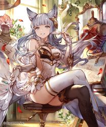 Rule 34 | 10s, 1girl, 77gl, animal ears, backless outfit, bad id, bad twitter id, bare shoulders, black thighhighs, blunt bangs, breasts, brooch, cleavage, clothes lift, crossed legs, dress, dress lift, elbow gloves, erune, gloves, granblue fantasy, grey eyes, indoors, jewelry, korwa, large breasts, long hair, necklace, petals, quill, sidelocks, silver hair, sitting, smile, solo, sunlight, thighhighs, white dress, white gloves, white thighhighs