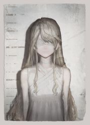 Rule 34 | 1girl, absurdres, bandages, bandages over eyes, bare shoulders, blonde hair, choker, dress, expressionless, height, height chart, highres, huge filesize, long hair, original, photo (object), rium (tokiki (tomok1)), solo, tokiki (tomok1), white dress