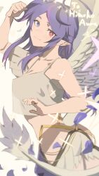 Rule 34 | 1girl, ahoge, aqua pupils, arm up, camisole, character name, clenched hand, closed mouth, commentary, commission, cowboy shot, crop top, english commentary, eyes visible through hair, gold, grey background, grey camisole, grey tail, grey wings, heterochromia, highres, himeko aura, indie virtual youtuber, light blush, light smile, long hair, looking at viewer, multicolored hair, petals, pink hair, pointy ears, purple eyes, purple hair, red eyes, sidelocks, signature, skeb commission, solo, spaghetti strap, sparkle, streaked hair, tail, takimoto yuwi, two-tone hair, virtual youtuber, wings