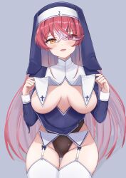 Rule 34 | 1girl, absurdres, heckler kai, heterochromia, highres, hololive, houshou marine, long hair, no bra, nun, open mouth, red eyes, red hair, simple background, smile, solo, virtual youtuber, yellow eyes