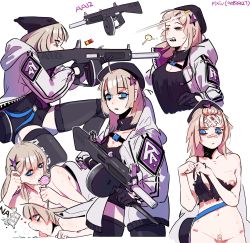 Rule 34 | 12-gauge, 1girl, aa-12, aa-12 (girls&#039; frontline), ahoge, aiming, automatic shotgun, bags under eyes, bandaid, bandaid on face, bandaid on forehead, bandaid on pussy, bandaids on nipples, bangs pinned back, black thighhighs, blonde hair, blood, blue eyes, breasts, bruise, buckle, candy, chocolate, chocolate bar, cleavage, cleavage cutout, closed eyes, closed mouth, clothing cutout, combat shotgun, drum magazine, food, girls&#039; frontline, grey jacket, gun, high-capacity magazine, highres, holding, holding candy, holding food, holding gun, holding lollipop, holding weapon, hood, hood down, hooded jacket, huqu, injury, jacket, licking, licking floor, lollipop, long sleeves, looking at viewer, magazine (weapon), medium breasts, multiple views, open clothes, open jacket, parted lips, pasties, pixiv id, shotgun, shotgun shell, snap-fit buckle, standing, thighhighs, torn clothes, weapon, white background