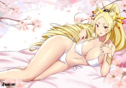 Rule 34 | 1girl, absurdres, animal ears, artist name, bed, bed sheet, bikini, bikini top lift, blonde hair, bracelet, branch, breasts, cherry blossoms, cleavage, clothes lift, feet out of frame, female focus, fox ears, fox girl, hair ornament, hair stick, high ponytail, high school dxd, highres, jewelry, kaos art, kitsune, kyuubi, large breasts, legs, light blush, lips, long hair, looking at viewer, lying, maetenkan, mature female, midriff, multiple tails, navel, on side, open mouth, orange eyes, pillow, ponytail, short eyebrows, side-tie bikini bottom, smile, solo, strap lift, string bikini, swimsuit, tail, thighs, very long hair, white bikini, yasaka (high school dxd)