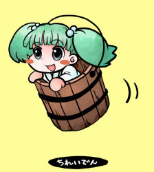Rule 34 | 1girl, bucket, chibi, female focus, green hair, in bucket, in container, itsukage, kisume, simple background, solo, touhou, twintails