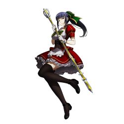 Rule 34 | 1girl, black eyes, black hair, christmas, doppelganger, full body, gloves, green ribbon, high heels, high ponytail, long hair, monster girl, narberal gamma, official art, overlord (maruyama), pantyhose, polearm, ribbon, solo, spear, transparent background, weapon, white gloves