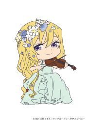 Rule 34 | 1girl, alicia florence, aria (manga), blonde hair, blue flower, chibi, closed mouth, copyright name, copyright notice, dated, dress, eyelashes, flower, full body, green dress, hair flower, hair ornament, hands up, highres, holding, instrument, long hair, music, official alternate costume, official art, playing instrument, purple eyes, simple background, smile, solo, viola (instrument), white background, white flower, yellow flower