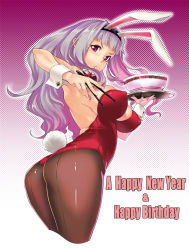 Rule 34 | 1girl, animal ears, ass, bad id, bad pixiv id, bowl, breasts, chopsticks, covered erect nipples, cropped legs, fake animal ears, halftone, halftone background, happy birthday, highres, idolmaster, idolmaster (classic), large breasts, leotard, long hair, looking back, new year, oohara kyuutarou, pantyhose, playboy bunny, rabbit ears, rabbit tail, red eyes, shijou takane, silver hair, solo, tail, tray, v-shaped eyebrows, wrist cuffs