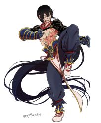 Rule 34 | 1boy, absurdly long hair, asaya minoru, black hair, blue pants, chest tattoo, fate/grand order, fate (series), flower tattoo, full body, gauntlets, hair between eyes, long hair, low ponytail, male focus, pants, parted lips, pelvic curtain, ponytail, puffy pants, shoes, simple background, solo, standing, standing on one leg, tattoo, twitter username, v-shaped eyebrows, very long hair, white background, white footwear, yan qing (fate)