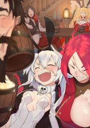 Rule 34 | 2boys, 3girls, absurdres, ahoge, alcohol, anne bonny (fate), bartholomew roberts (fate), beard, beer, beer mug, black hair, blonde hair, blurry, blurry foreground, blush, breasts, cup, edward teach (fate), facial hair, fate/grand order, fate (series), feathers, francis drake (fate), gloves, grin, hairband, highres, holding, indoors, lantern, large breasts, long hair, mary read (fate), medium breasts, mug, multiple boys, multiple girls, nanao (aoyamahikari), open mouth, red hair, scar, scar on face, short hair with long locks, sidelocks, sitting, skull and crossbones, smile, stairs, table, two side up, white hair