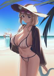 Rule 34 | 1girl, absurdres, arknights, beach, bikini, blonde hair, braid, breasts, brown robe, cleavage, closed mouth, collarbone, cowboy shot, crazy straw, cup, day, drink, drinking glass, drinking straw, dripping, eyewear on head, fang, front braid, grey bikini, hair ornament, hair over shoulder, hat, heart straw, highres, holding, holding cup, huge breasts, long sleeves, looking at viewer, medium hair, multicolored eyes, navel, ocean, official alternate costume, open clothes, outdoors, purple-tinted eyewear, purple eyes, robe, round eyewear, sand, sideboob, sidelocks, siguya, skin fang, smile, solo, stomach, straw hat, striped bikini, striped clothes, sun hat, sunglasses, swimsuit, tail, tinted eyewear, undone, utage (arknights), utage (summer flowers) (arknights), vertical-striped bikini, vertical-striped clothes, water, wet face