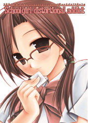 Rule 34 | 1girl, blush, bow, bowtie, brown-framed eyewear, brown eyes, brown hair, closed mouth, frown, glasses, holding, looking at viewer, miyasu risa, over-rim eyewear, red bow, red bowtie, semi-rimless eyewear, simple background, solo, twintails, upper body, white background