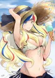 Rule 34 | alternate costume, aqua eyes, armpits, blue hair, blue skirt, breasts, cleavage, cloud, cloudy sky, commandant teste (kancolle), commentary request, cowboy shot, food, front-tie top, hat, hat ribbon, hazuki futahi, highres, holding, holding food, ice cream cone, kantai collection, medium breasts, multicolored hair, panties, red hair, ribbon, side-tie panties, signature, sketch, skirt, sky, smile, solo, sun hat, underwear, white hair, white panties