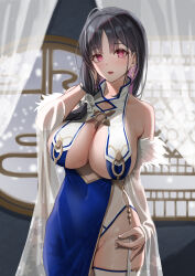 Rule 34 | 1girl, absurdres, azur lane, bare shoulders, black hair, blush, breast curtains, breasts, chinese clothes, classic (zildjian33), cleavage, covered navel, cowboy shot, curtains, earrings, fur trim, groin, hair ornament, hair over shoulder, hair scrunchie, hand in own hair, hand on own thigh, hand up, highres, jewelry, large breasts, leaf print, long hair, looking at viewer, mole, mole on crotch, mole under eye, no panties, open mouth, parted bangs, pelvic curtain, pink eyes, scrunchie, see-through, solo, thighhighs, ting an (azur lane), transparent, white thighhighs