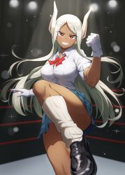 Rule 34 | 1girl, animal ears, black footwear, blue skirt, boku no hero academia, bow, bowtie, breasts, collared shirt, commentary request, dark-skinned female, dark skin, gloves, grin, gyaru, highres, holiday (pangjelly), large breasts, leg up, loafers, long hair, looking at viewer, miniskirt, mirko, parted bangs, pleated skirt, rabbit ears, rabbit girl, red bow, red eyes, school uniform, shirt, shoes, short sleeves, skirt, smile, solo, sparkle, teeth, white hair, white legwear, white shirt