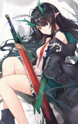 Rule 34 | 1girl, ankoro mochi, arknights, black collar, black hair, black jacket, breasts, china dress, chinese clothes, cleavage cutout, clothing cutout, collar, commentary, dragon horns, dress, dusk (arknights), ear piercing, feet out of frame, female focus, green hair, grey background, hair over one eye, highres, holding, holding sword, holding weapon, horns, jacket, long hair, looking at viewer, multicolored hair, necktie, off shoulder, open clothes, open jacket, piercing, pointy ears, red eyes, red necktie, sitting, sleeveless, sleeveless dress, small breasts, solo, streaked hair, sword, very long hair, weapon, white dress
