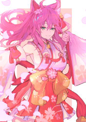Rule 34 | 1girl, absurdres, ahoge, animal ear fluff, animal ears, armpits, bare shoulders, bell, blush, bow, breasts, cat ears, cherry blossom print, cherry blossoms, closed mouth, collar, detached sleeves, fang, floral print, frilled skirt, frills, green eyes, hair between eyes, highres, hololive, long hair, looking at viewer, medium breasts, neck bell, paw print, paw print pattern, petals, pink hair, sakura miko, sakura miko (1st costume), sideboob, simple background, skin fang, skirt, smile, solo, standing, tsumeki, virtual youtuber, white sleeves, wide sleeves