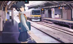 Rule 34 | 1girl, absurdres, anaen, bag, black hair, black skirt, blue bag, blurry, blurry background, breasts, brown eyes, brown sweater vest, collared shirt, commentary, cowboy shot, day, hair ribbon, highres, kimi no na wa., letterboxed, long sleeves, looking at viewer, medium breasts, miyamizu mitsuha, parted lips, pleated skirt, puffy sleeves, railroad tracks, red ribbon, ribbon, sample watermark, shirt, shoulder bag, sidelocks, skirt, solo, standing, sweater vest, tokyo (city), train, train station, train station platform, watermark, white shirt