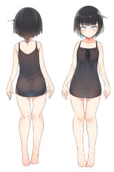 Rule 34 | 1girl, barefoot, black dress, black hair, blue eyes, child, closed mouth, collarbone, commission, dress, from behind, full body, highres, looking at viewer, naki (otokuyou), original, otokuyou, pixiv commission, short hair, simple background, sleeveless, sleeveless dress, solo, standing, toes, white background
