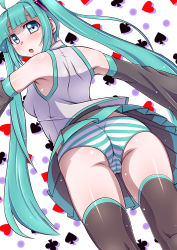 Rule 34 | 1girl, :o, ahoge, aqua hair, blue eyes, cameltoe, detached sleeves, hatsune miku, highres, j (shining-next), looking back, panties, pantyshot, skirt, solo, striped clothes, striped panties, thighhighs, underwear, vocaloid