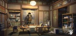 Rule 34 | architecture, armor, artist logo, book, bow (weapon), ceiling light, east asian architecture, indoors, japanese armor, katana, no humans, original, paper, scenery, shouji, sliding doors, sword, table, weapon, xingzhi lv