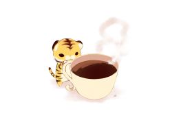 Rule 34 | chai (drawingchisanne), coffee, coffee mug, commentary request, cup, highres, mike (drawingchisanne), mug, no humans, original, signature, steam, tiger, undersized animal, white background