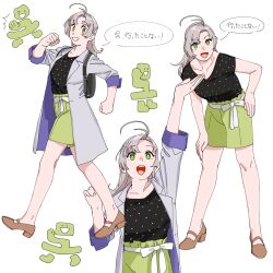 Rule 34 | 1girl, antenna hair, black shirt, coat, commentary request, green eyes, grey hair, high heels, highres, kantai collection, kinugasa (kancolle), looking at viewer, medium hair, multiple views, official alternate costume, ojipon, open mouth, pink footwear, polka dot, polka dot shirt, pumps, shirt, shorts, standing, teeth, translation request, upper teeth only, white coat, yellow shorts