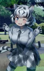 Rule 34 | 1girl, ;d, absurdres, animal ear fluff, animal ears, animal print, black hair, blue eyes, blush, breasts, claw pose, commentary, cowboy shot, day, fang, grass, grin, hands up, high-waist skirt, highres, kemono friends, looking at viewer, medium breasts, multicolored hair, necktie, one eye closed, open mouth, outdoors, plaid, plaid necktie, plaid neckwear, plaid skirt, pleated skirt, print thighhighs, shirt, short hair, signature, silver hair, skirt, smile, solo, striped clothes, striped tail, striped thighhighs, tail, teeth, thighhighs, tiger ears, tiger print, tiger tail, two-tone hair, welt (kinsei koutenkyoku), white shirt, white tiger (kemono friends), wing collar