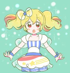Rule 34 | 1girl, :o, aikatsu! (series), aikatsu stars!, blonde hair, blush, bow, dress, hair between eyes, hair bow, highres, melshukah, multicolored clothes, multicolored dress, nijino yume, open mouth, red eyes, short sleeves, simple background, solo, standing, twintails