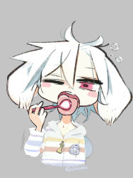 Rule 34 | 1girl, ahoge, amiami, blush, blush stickers, drooling, grey background, hair between eyes, licking, medium hair, one eye closed, open mouth, original, pink eyes, simple background, solo, teeth, tongue, tongue out, twitter username, upper body, upper teeth only, white hair