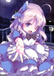 Rule 34 | 1girl, ahoge, apron, arisugawa nao, bow, bowtie, dress, female focus, frilled dress, frills, highres, josephine (twin tail rabbit), long hair, looking at viewer, maid apron, moon, night, night sky, original, puffy short sleeves, puffy sleeves, purple eyes, purple hair, ribbon, short sleeves, sky, solo, star (sky), starry sky