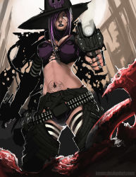 Rule 34 | 1girl, breasts, chaps, female focus, gunslinger (ragnarok online), hat, ionen, looking at viewer, midriff, navel, original, perspective, scar, solo, standing, tattoo, witch hat