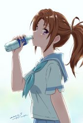 Rule 34 | 1girl, absurdres, backlighting, blue neckerchief, blue sailor collar, blue skirt, blurry, blurry background, blush, bottle, brown hair, dated, drinking, hand up, hibike! euphonium, highres, holding, holding bottle, kitauji high school uniform, long hair, looking at viewer, looking to the side, nakagawa natsuki, neckerchief, parted lips, pleated skirt, ponytail, purple eyes, sailor collar, school uniform, serafuku, shirt, short sleeves, signature, skirt, solo, tsunemoku, water bottle, white shirt