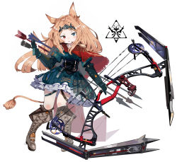 Rule 34 | 1girl, animal ears, archetto (arknights), arknights, arrow (projectile), blue eyes, boots, bow (weapon), brown footwear, compound bow, dress, green dress, heterochromia, highres, holding, holding bow (weapon), holding weapon, looking at viewer, open mouth, quiver, red eyes, ryu (17569823), simple background, solo, tail, thigh strap, tiara, weapon, white background