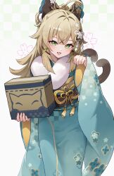 Rule 34 | 1girl, absurdres, aftamc, ahoge, animal ears, blonde hair, blush, box, cat ears, cat girl, cat tail, checkered background, commentary request, fur-trimmed kimono, fur trim, genshin impact, gradient background, green eyes, green kimono, hair ornament, highres, holding, holding box, japanese clothes, kimono, kirara (genshin impact), kirara (post office) (genshin impact), long hair, long sleeves, looking at viewer, multiple tails, open mouth, simple background, smile, solo, tail, wide sleeves