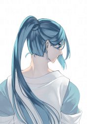 Rule 34 | 1boy, blue eyes, blue hair, from behind, long hair, looking at viewer, looking back, ponytail, profile, rkp, shadow, short sleeves, simple background, solo, luo xiaohei zhanji, upper body, white background, wuxian (the legend of luoxiaohei)