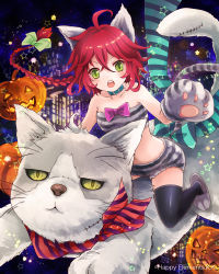 Rule 34 | &gt;:o, 1girl, :o, ahoge, animal ears, animal hands, black thighhighs, blush, bow, braid, cat, cat ears, cat paws, cat tail, collar, collarbone, green eyes, jack-o&#039;-lantern, long hair, looking at viewer, majoca majoluna, red hair, riding, rie (ooorie), short hair, single braid, sitting, solo, star (symbol), striped, tail, thighhighs, v-shaped eyebrows, watermark