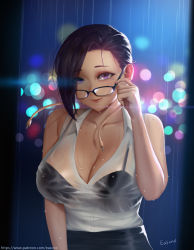 Rule 34 | 10s, 1girl, adjusting eyewear, artist name, bare shoulders, black bra, black hair, blouse, blurry, blurry background, blush, bokeh, boku no hero academia, bra, breasts, cable, cleavage, depth of field, earlobes, easonx, eyes visible through hair, female focus, glasses, gradient background, hair over one eye, highres, jirou kyouka&#039;s mother, jirou mika, large breasts, looking at viewer, mature female, parted lips, pencil skirt, purple eyes, rain, removing eyewear, see-through, shirt, skirt, sleeveless, sleeveless shirt, solo, underwear, upper body, water drop, watermark, web address, wet, wet clothes, wet shirt, white shirt