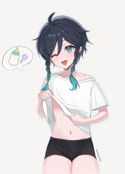 1boy ? absurdres alternate_costume aqua_eyes aqua_hair bishounen black_hair black_shorts blush bottle braid clothes_lift genshin_impact gradient_hair highres looking_at_viewer male_focus midriff milk_bottle multicolored_hair navel one_eye_closed open_mouth samseu shirt shirt_lift shorts smile solo stomach twin_braids venti_(genshin_impact) white_shirt