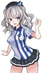Rule 34 | 10s, 1girl, :d, asymmetrical clothes, asymmetrical shirt, bare legs, beret, black skirt, blue eyes, character name, collared shirt, cowboy shot, employee uniform, eyebrows, female focus, happy, hat, highres, kantai collection, kashima (kancolle), lawson, legs, long hair, looking at viewer, md5 mismatch, name tag, neck, open mouth, pleated skirt, revision, shiny skin, shirt, short hair, short sleeves, silver hair, simple background, skirt, smile, solo, standing, striped clothes, striped shirt, twintails, uniform, usa b, vertical-striped clothes, vertical-striped shirt, white background